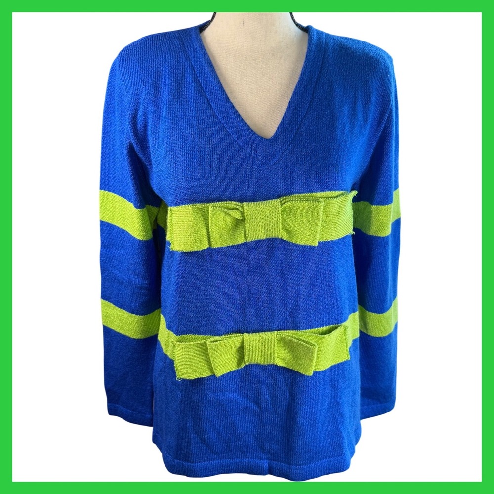 Ami Knits Vintage 80/90's V-Neck Striped Bow Sweater Size 8 Blue Green USA Made‎